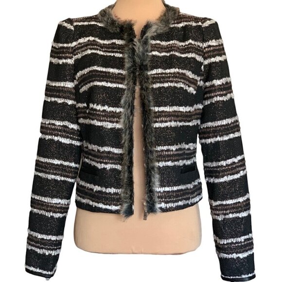 NWT Stella & Jamie Tweed Blazer Sz.L Cropped Black White Fur Trim Career Preppy - Picture 1 of 13